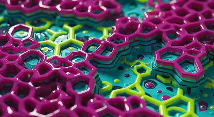 Fototapeta premium Close-up of a colorful, layered, abstract, cellular-like structure with hexagonal patterns.