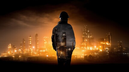 A worker stands silhouetted against a vibrant industrial skyline, symbolizing strength and resilience in the manufacturing sector.