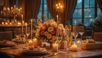 Romantic candlelight dinner setting with floral centerpiece, creating an elegant ambiance for special occasions and intimate gatherings, ideal for celebrations