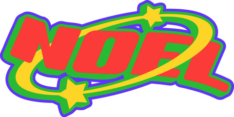 Christmas noel Y2K groovy sticker or label. Christmas 60s Y2K label, winter holiday celebration retro vector patch. New Year festive tag or vintage sticker with stars and vibrant colors typography