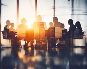 Business meeting at sunset, silhouettes of professionals gathered around a table, discussing strategies and ideas.