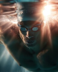 An intense underwater shot of a swimmer, captured in motion with light reflections enhancing the dynamic energy of the sport.
