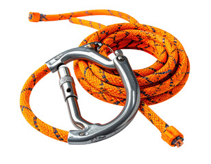 Orange climbing rope with metal carabiner