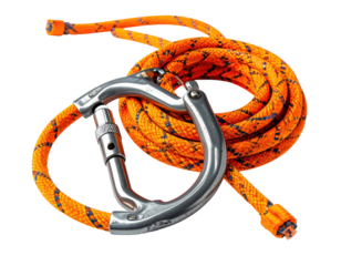 Orange climbing rope with metal carabiner