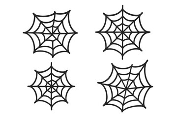 Cartoon Spider Web Icon Set for Halloween Decorations, Black Outline Vector Illustration, Transparent Background, Hand Drawn Spooky Cobwebs Clipart, Web Symbol Collection Isolated