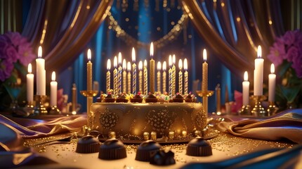Stunning golden birthday cake with sparkling candles illuminates a luxurious festive celebration, perfect for capturing joy and elegant moments.