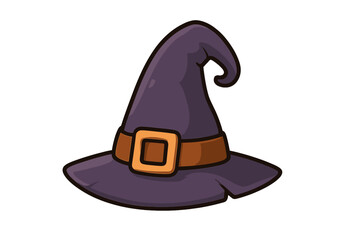 Naklejka premium Cartoon vector witch hat illustration with brown belt and gold buckle, magical sorcerer costume accessory, Halloween fantasy wizard hat clipart, classic curved brim pointed cap design