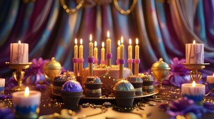 Celebrate in stunning style with a lavish birthday cake, glittering candles, and exquisite cupcakes creating a magical, festive atmosphere.