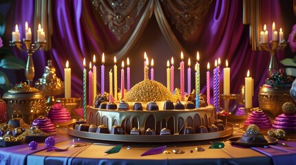A stunning golden celebration cake sparkling with vibrant candles and rich chocolate treats creates a truly opulent and festive party atmosphere.