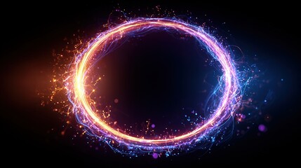A glowing ring of light, transitioning from orange to blue, with particle effects against a black background
