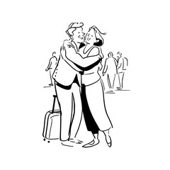 Airport reunion illustration: happy couple hugging after travel, arrival, and long distance relationship meet