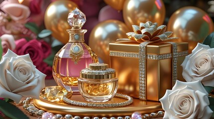 Celebrate with opulent elegance featuring exquisite perfume, a dazzling golden gift box, and beautiful white roses for a truly special moment.