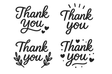 Handwritten Thank You Lettering Set, Decorative Calligraphy Icons with Hearts, Leaves, Doodles, Isolated Vector Elements, Elegant Black Script Text for Cards, Posters, Stickers, Transparent Background