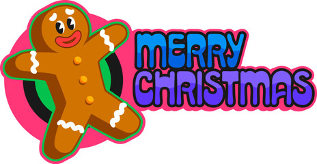 Merry Christmas holiday Y2K groovy sticker or retro tag. Merry Christmas funky sticker, Xmas groovy Y2K vector label. New Year celebration patch with gingerbread cookie man and colorful typography