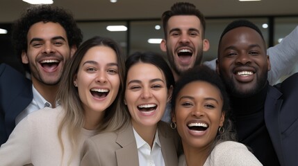 Diverse team of young professionals celebrating success together in a modern office setting