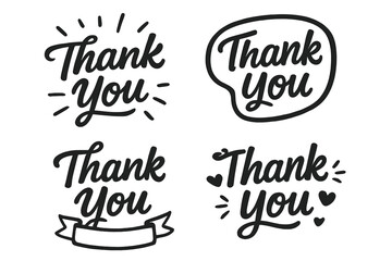 Thank you lettering set, hand drawn calligraphy thank you handwritten typography collection, cartoon thank you icons bundle, black vector illustration greetings, transparent background design element
