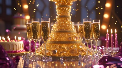 Experience the ultimate luxury celebration with a dazzling golden centerpiece, sparkling champagne flutes, and festive bokeh lights perfect for any grand event