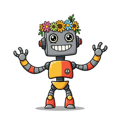 Obraz premium A vibrant and cheerful 2D flat cartoon hippie robot, adorned with a colorful flower crown and a wide, friendly smile, stands against a simple plain white background.