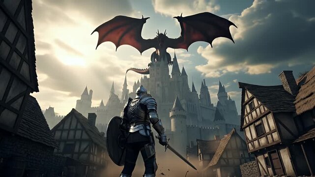 A medieval knight warrior facing a giant dragon on top of a castle in a fantasy kingdom