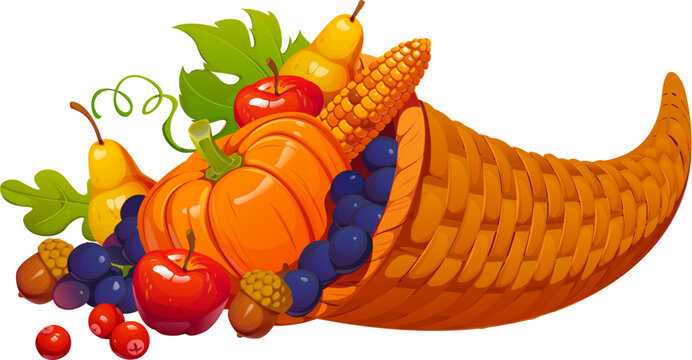 Happy Thanksgiving Day autumn harvest food icon for fall holiday, cartoon vector. Cornucopia horn with autumn harvest of pumpkins, fruits, and vegetables for Thanksgiving holiday greeting