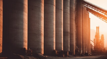 Medium shot of towering concrete petroleum silos in focus featuring their structural details while the surrounding refinery equipment remains softly blurred.