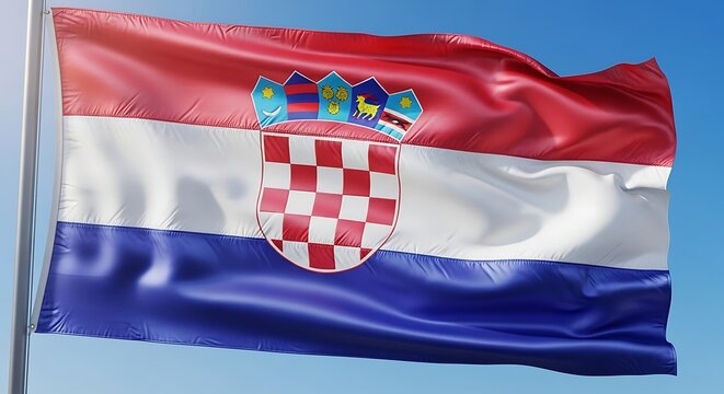 The Croatian flag waving proudly against a clear blue sky symbol of national identity and - Powered by Adobe