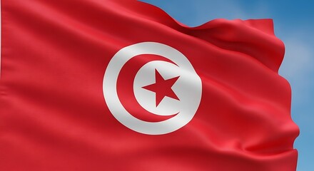 Vibrant depiction of the Tunisian flag waving proudly against a clear blue sky