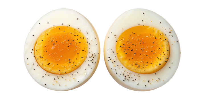 Soft-Boiled Egg with Golden Yolk and Seasoning Isolated on Transparent Background
Half Soft-Boiled Egg with Salt, Pepper, Firm White, and Bright Yellow Center