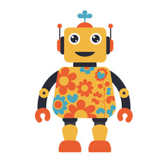 A cheerful flat 2D retro cartoon robot toy, adorned with vibrant flower power patterns and a friendly happy face, stands against a clean white background.