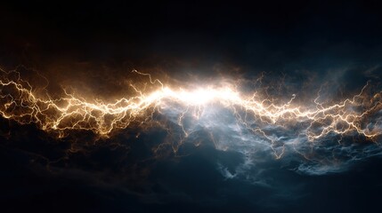 Golden lightning strikes across a dramatic, stormy dark sky. Eerie and powerful