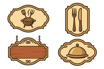 Vintage restaurant signboard icon set, decorative retro food banners, ornate cafe grill, cutlery, tray, empty wooden sign, vector cartoon illustration, transparent background, isolated clipart
