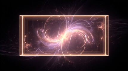 Glowing energy spirals inside a golden rectangle, with tendrils of light against a black backdrop