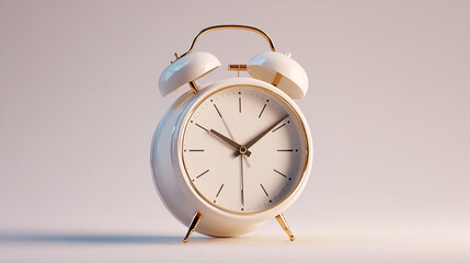 High-quality, realistic 3D illustration of a classic alarm clock icon, isolated on a clean white background, sharp details
