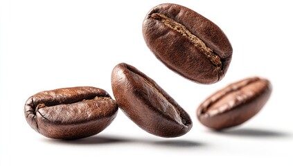 Obraz premium Coffee beans in mid-air, roasted brown, three beans