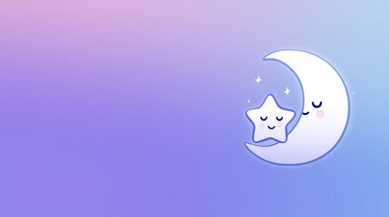: Cartoon crescent moon hugging a tiny smiling star, symbolizing rest, relaxation, and mental wellness. Minimal gradient background with wide space for text.