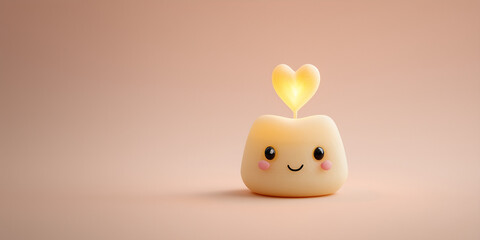 Cute smiling candle with heart flame on pastel cream background with copy space
