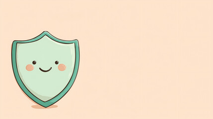 Cute shield character with mint-green accents, symbolizing protection, resilience, and support in mental health awareness. Minimal pastel background with open copy space.