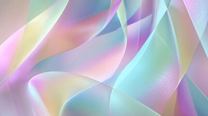 Abstract, iridescent ribbons layered gracefully, soft colors merging, glowing