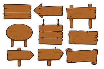 Wooden signboard vector set, cartoon stylized wooden signs, arrow and hanging boards, plank wood collection, vintage rustic direction banners, oval, rectangle, scroll shapes, transparent background