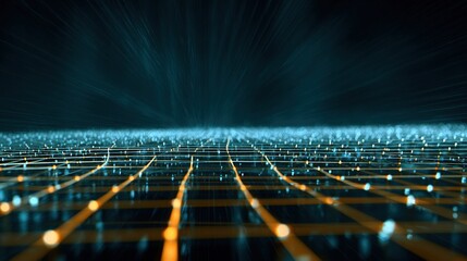 Grid with glowing nodes & radiant streaks against a dark, digital backdrop