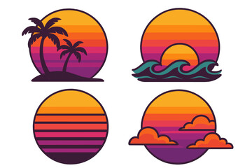 Retro sunset collection with vintage 80s and 90s style, colorful cartoon vector illustrations, nostalgic sun silhouettes, vibrant gradient skies, transparent background set