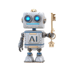 Friendly AI Robot with Key and Home Charm on Transparent Background