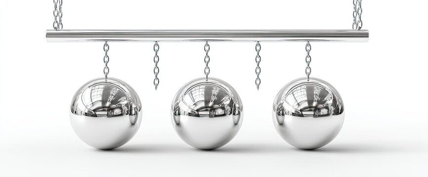 Polished chrome spheres hang from chains, suspended horizontally against a white backdrop