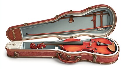 Violin, bow nestled in an open case, detailed brown faux leather, silver accents