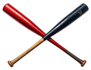 Two baseball bats crossed against a black background