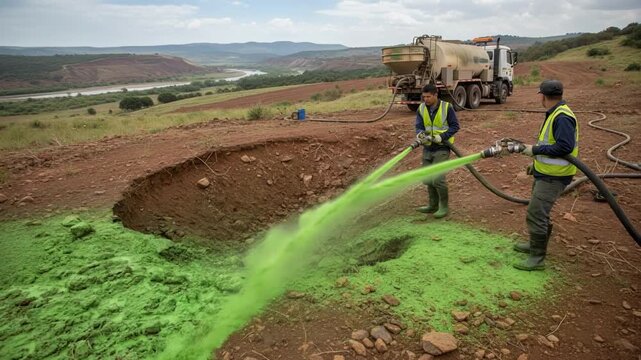 Medium shot capturing technicians applying hydroseeding techniques on degraded terrain to enhance green reclamation and support biodiversity recovery.
