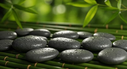 Obraz premium Zen stones with water droplets on bamboo sticks create a sense of peace and wellbeing