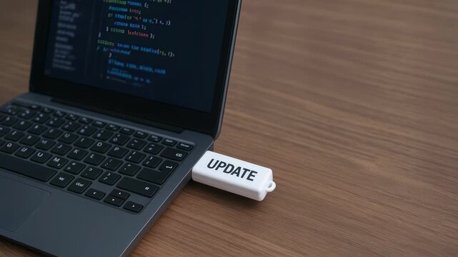 Adaptive business strategy update software flash drive usb plugged into laptop for software maintenance workflow optimization developer code progress