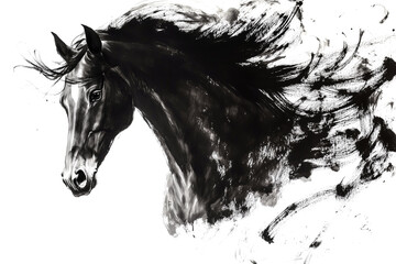 Horse head. Black horse in a dynamic pose. Traditional Chinese ink painting on white background. Year of the horse, symbol of the 2026 year.	