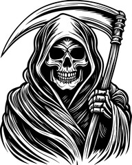 SVG skull tattoo design in a Halloween dark warrior style. Grim Reaper Holding Scythe in Dark Cloak Design Illustration